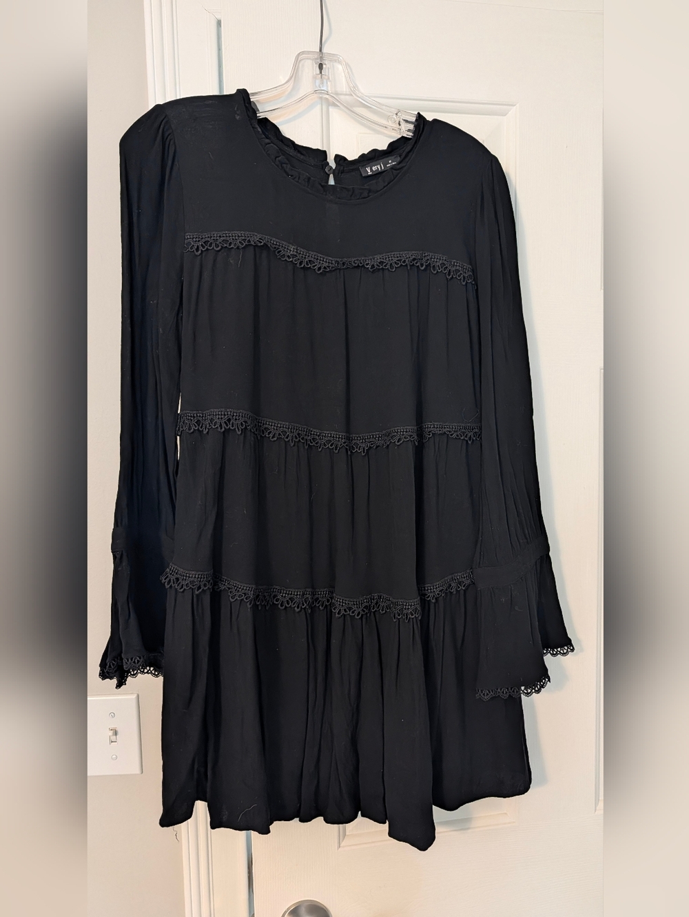 Very J Black Long-Sleeve Tiered Lace-Trim Dress